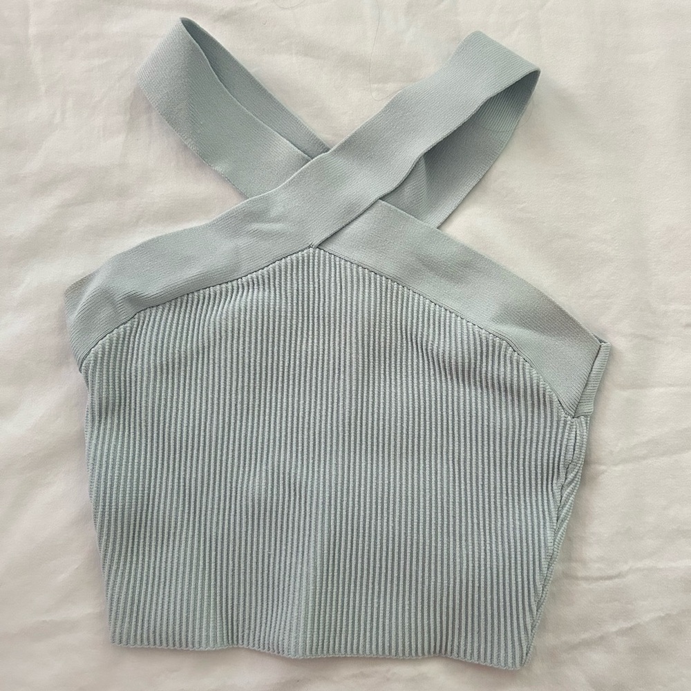 Aritzia Babaton Sculpt Knit Criss Cross Cropped tank in fluid blue
